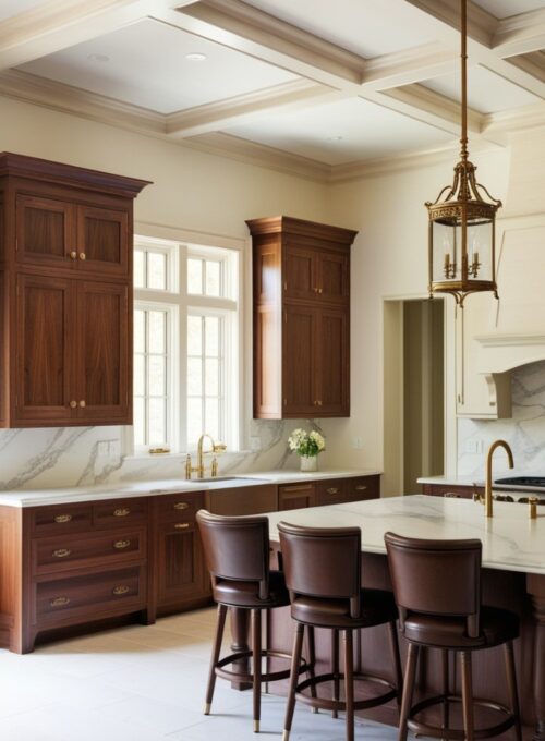 Types of Kitchen Cabinet Materials, A kitchen featuring classic solid wood cabinets in a dark walnut finish, paired with brass hardware and a white marble backsplash.