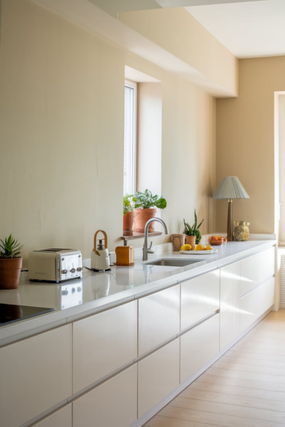 Types of Countertop Edges, A photo of a modern kitchen with a straight-edged quartz countertop. The countertop is white and has a few items placed on it, including a toaster, a kettle, and some fruits. There is a sink beside the countertop, and a window is above the sink. The walls are painted in a soft beige color. The floor is made of light wood planks. The kitchen has a few potted plants and a lampshade. The overall design of the kitchen is minimalist and emphasizes clean lines and sharp angles.