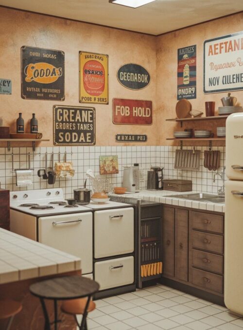 a realistic retro kitchen. There are vintage metal signs advertising old-fashioned sodas and food products on the wall. The kitchen has a variety of appliances, including a stove, refrigerator, and sink. There are also cabinets, a countertop, and a few utensils. The floor is tiled. The room has a warm, nostalgic vibe.