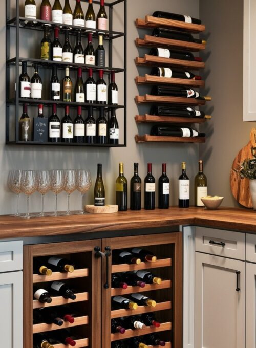 A sleek modern kitchen with a wall-mounted metal wine rack displaying an assortment of wine bottles, adding sophistication to the space.