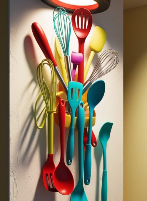 A vibrant kitchen wall displays an artistic arrangement of colorful kitchen utensils, creating a playful and unique focal point.