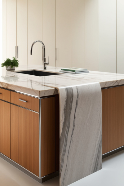 A modern kitchen island with a waterfall-edged marble countertop, the stone cascading down the sides in a seamless, dramatic flow.