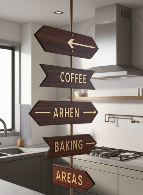 A modern kitchen with a sleek wooden directional sign pointing to coffee and baking areas, adding both style and utility.