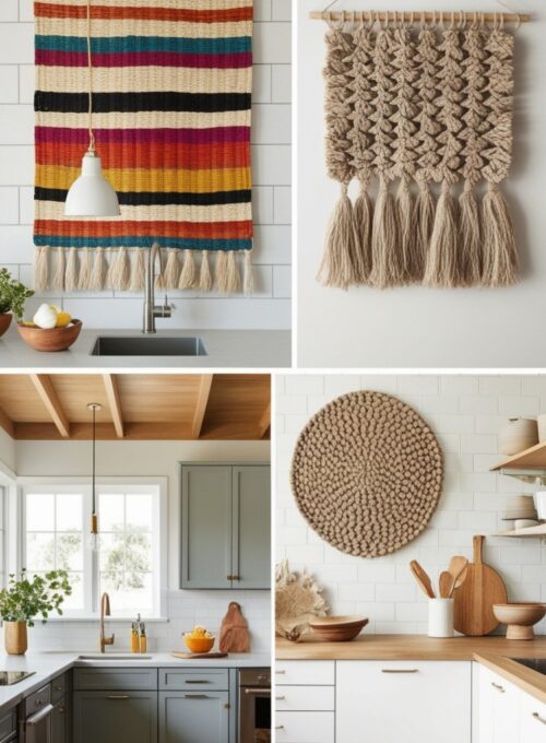 A bohemian kitchen featuring a large, colorful woven wall hanging that complements the décor with soft, textured layers.