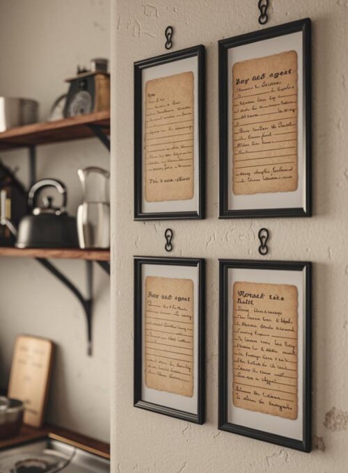 Best Kitchen Wall Décor Ideas, cozy kitchen wall with black and white framed recipe cards hanging. The recipe cards contain handwritten vintage recipes on parchment-style paper. In the background, there's a wooden shelf with a vintage kettle and a few other items. The wall has a few marks and has a slightly textured appearance.