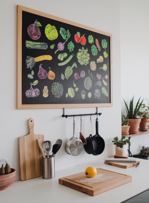 A minimalist kitchen with a large framed chalkboard on a white wall. The chalkboard is filled with colorful chalk illustrations of fruits and vegetables. There's a wooden cutting board with a lemon on it, a few pots and pans hanging from a rack, and a few utensils placed on the counter. The background has a few potted plants.