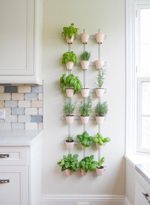 A photo of a bright kitchen wall with a vertical herb garden. There are small pots of basil, rosemary, and mint. The wall has white cabinets and a backsplash with gray and beige tiles. The floor is hardwood. There is a window near the herb garden. Less
