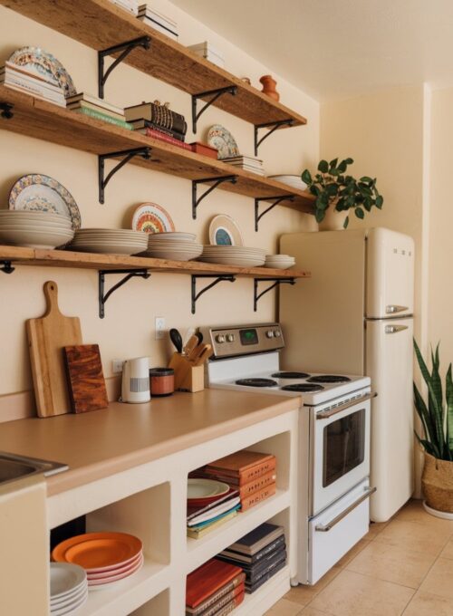 A cozy kitchen with rustic wooden shelves holding neatly arranged cookbooks and colorful plates. The shelves are mounted on the wall above a beige countertop. There's a white stove and a beige refrigerator beside the countertop. A wooden cutting board and a few utensils are placed on the countertop. A potted plant is placed near the refrigerator. The floor is covered with beige tiles. The overall kitchen has a warm and inviting atmosphere. Less
