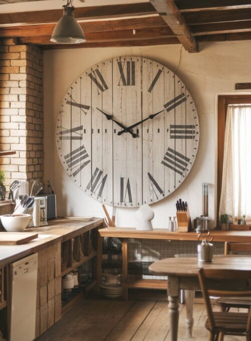 A photo of a rustic kitchen with a large distressed wood wall clock, creating a vintage farmhouse atmosphere. The kitchen has a wooden beam ceiling, exposed brick walls, and a wooden floor. There's a wooden table with chairs in the corner. The counter has various kitchen utensils and a white bowl. There's a window with curtains near the clock. The overall image has warm lighting.