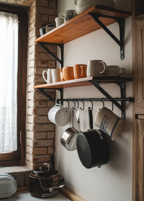 a small kitchen with a wooden shelf. The shelf is mounted on the wall and has metal hooks underneath. The hooks are holding various mugs, pots, and pans. The kitchen has a rustic charm with exposed brick walls and wooden elements. There is a window with a curtain near the shelf.