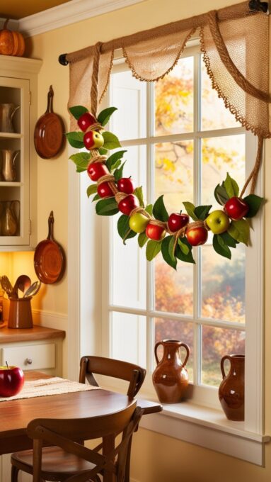 A fall kitchen with a DIY apple garland hanging over a window, with red apples and green leaves creating a seasonal focal point.