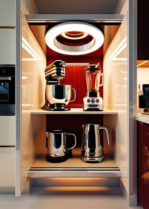 A modern kitchen corner with an appliance garage, featuring a retractable door that hides a mixer, blender, and coffee maker.