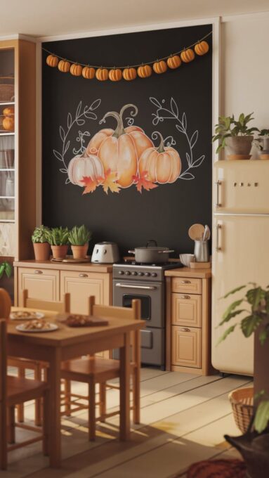 A cozy kitchen with a chalkboard wall featuring an autumn-themed drawing of pumpkins and fall leaves, framed by a garland of mini pumpkins.