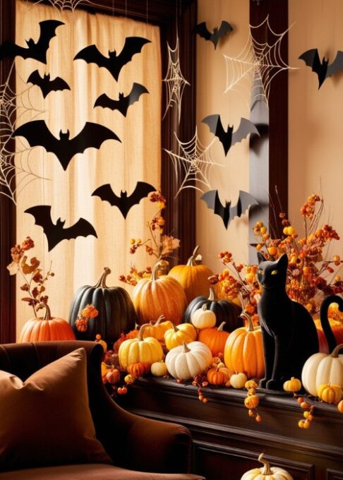 A living room decorated with flying bat cutouts on the walls and a black cat figurine sitting on a windowsill, surrounded by pumpkins and cobwebs.