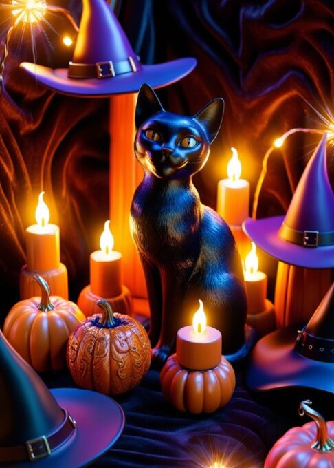 A cozy corner featuring a Thackery Binx black cat figurine, with pumpkins, glowing lights, and witch hats for a spooky but warm Halloween look.