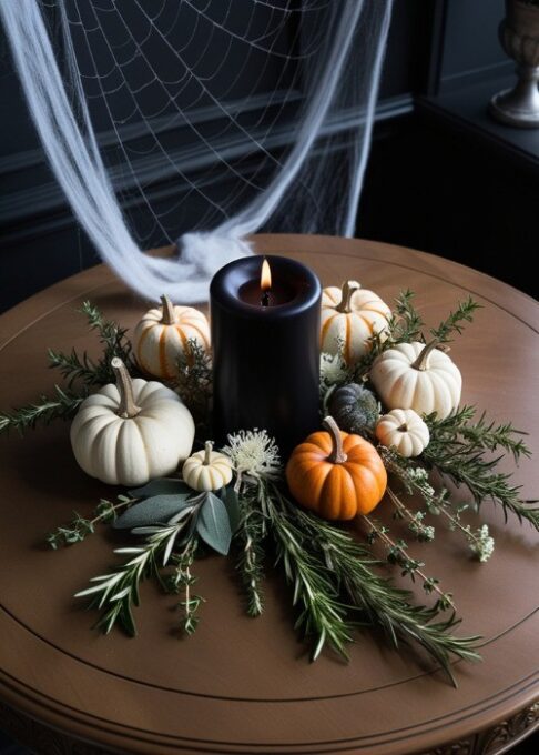 A table decorated with a black LED candle in the center, surrounded by cobwebs, small pumpkins, and herbs for an eerie yet elegant display.