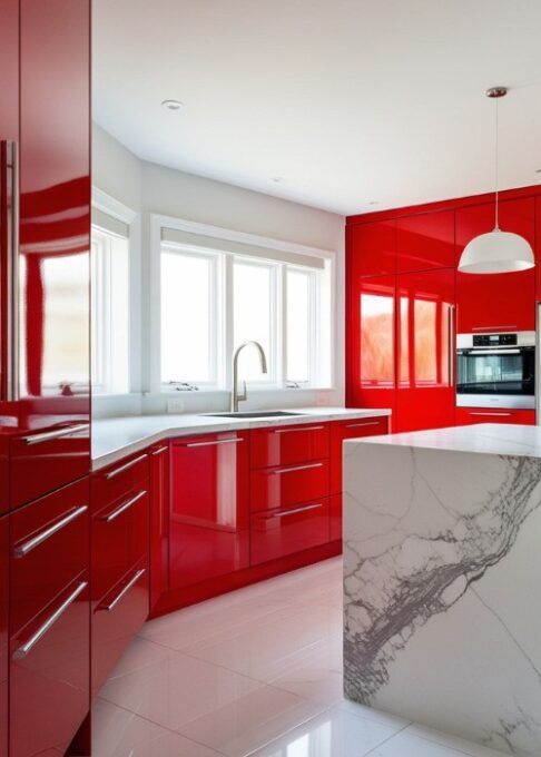 A modern kitchen with bold red cabinets, white tile floors, and a white marble countertop, creates a vibrant and eye-catching contrast.