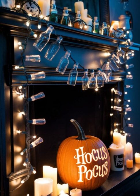 A fireplace mantel adorned with a potion bottle garland, twinkle lights, and Hocus Pocus themed pumpkins and candles for a spooky, magical feel.