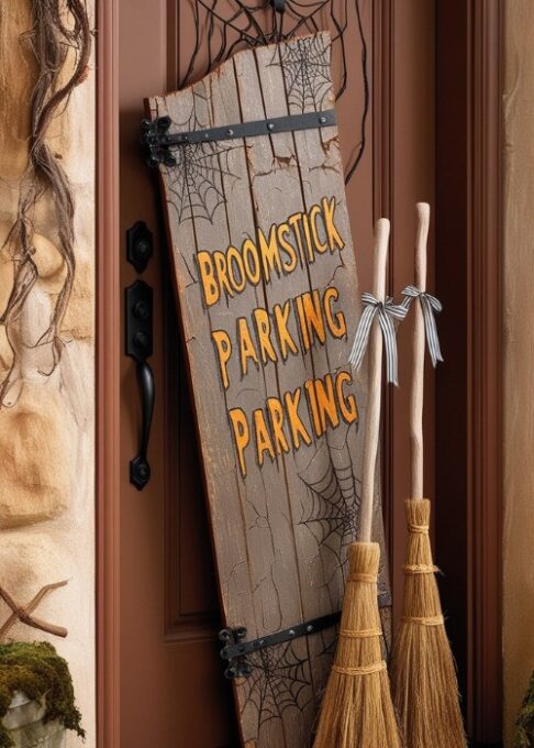 A whimsical "Broomstick Parking" sign hanging outside a front door with two broomsticks propped up beside it for a welcoming Halloween touch.