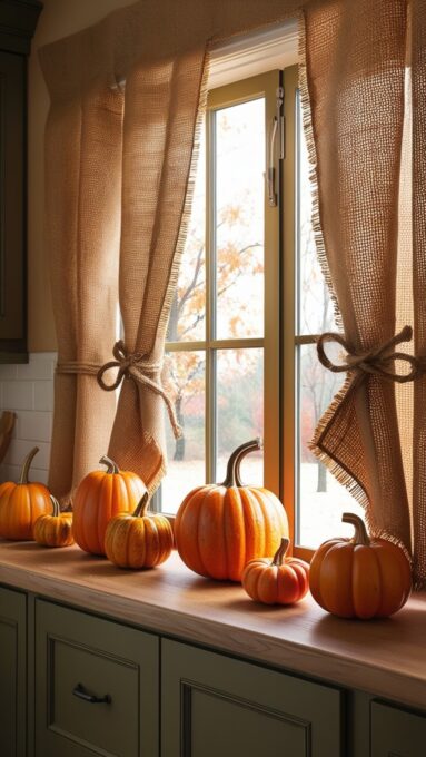 A kitchen window adorned with DIY burlap curtains tied back with twine and small pumpkins for a festive fall touch.