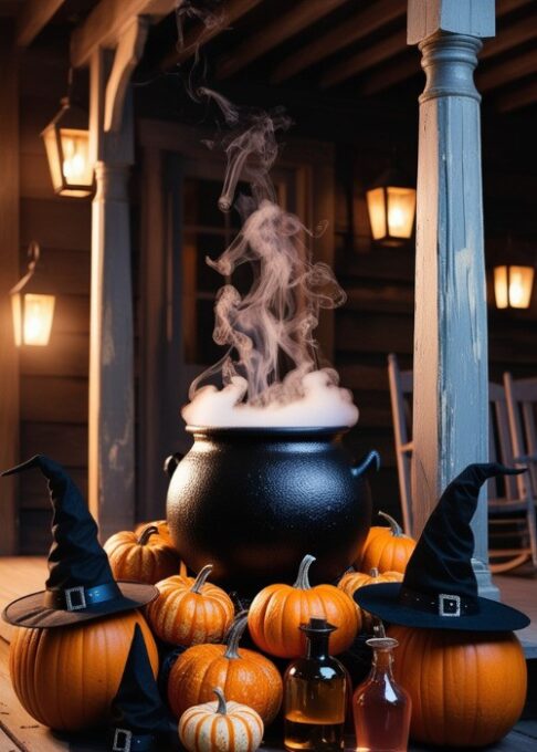 A bubbling cauldron with fog pouring out, placed on a porch surrounded by pumpkins, witch hats, and potion bottles for a spooky, magical vibe.