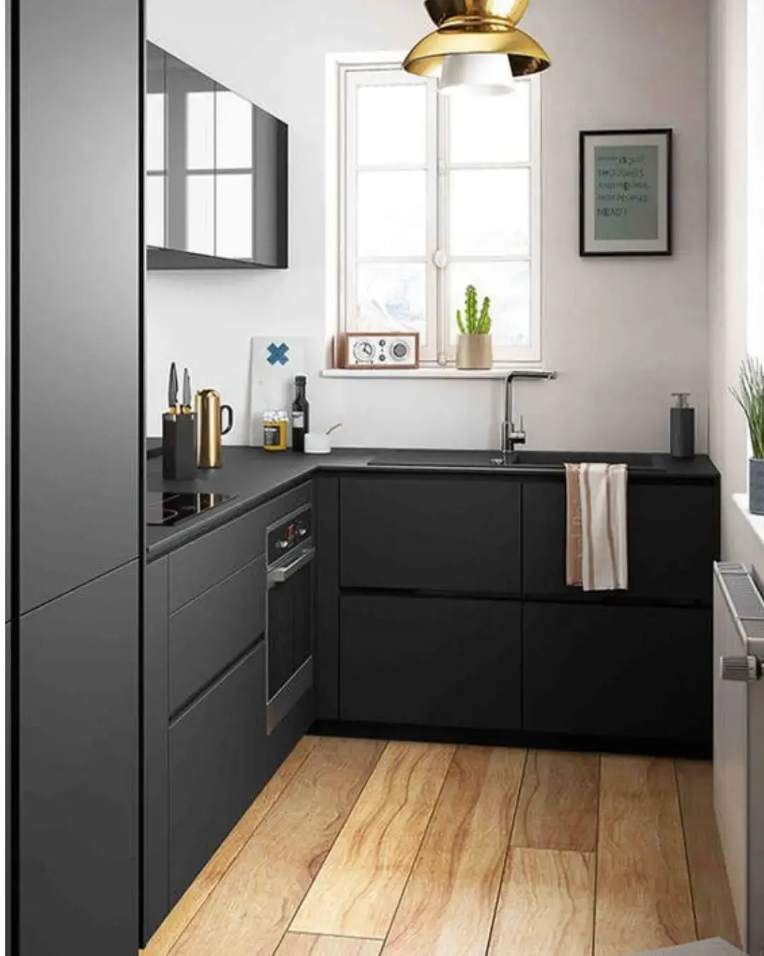 Kitchen Cabinet Colors for White Tile Floors: 11 Best Ideas and Expert Tips 7 A modern kitchen with matte black cabinets, white quartz countertops, and white tile floors, enhanced by sleek stainless steel appliances.