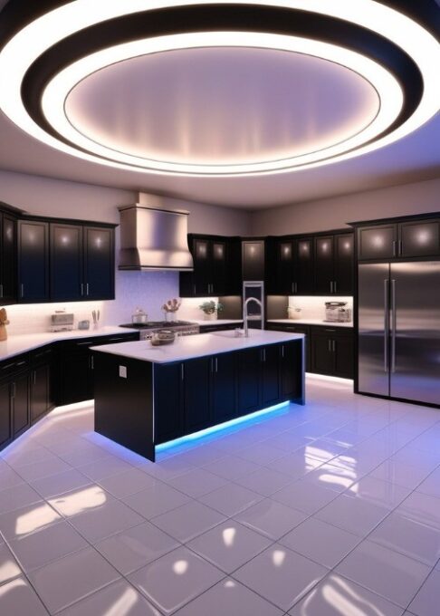 A modern kitchen with matte black cabinets, white quartz countertops, and white tile floors, enhanced by sleek stainless steel appliances.