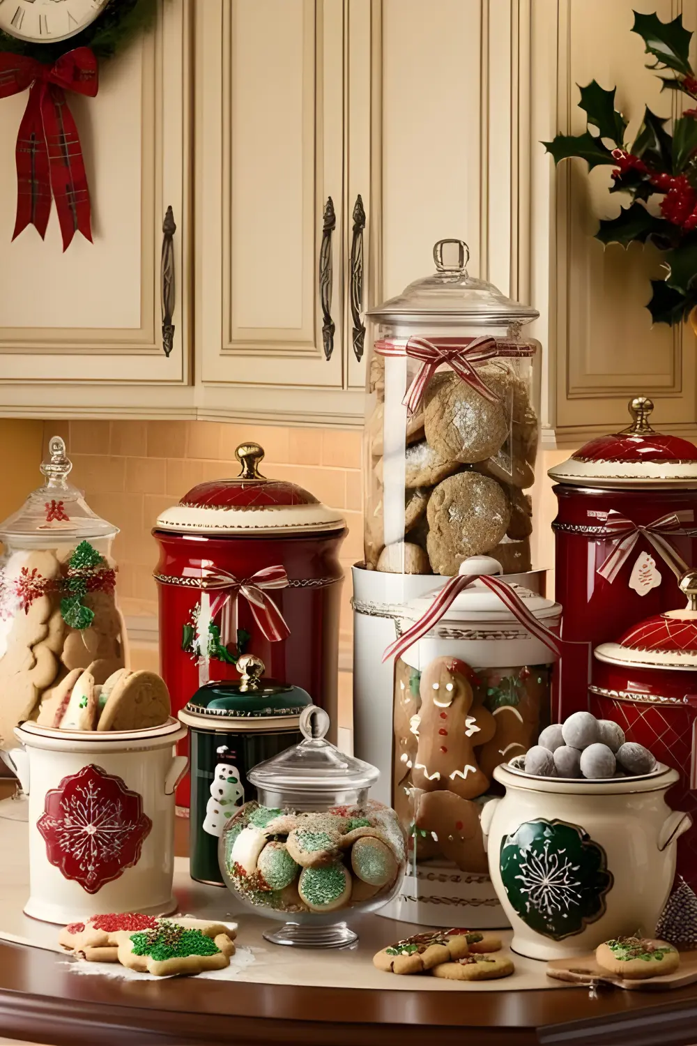 Christmas Cottage Kitchen Décor Ideas: 21 Best Ways to Create a Cozy and Festive Space 12 Christmas Cottage Kitchen Decor Ideas, A kitchen counter with holiday-themed cookie jars and canisters filled with Christmas treats.