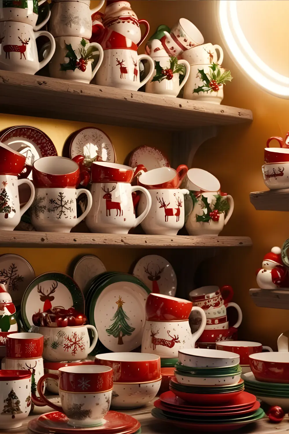 Christmas Cottage Kitchen Décor Ideas: 21 Best Ways to Create a Cozy and Festive Space 7 A rustic kitchen shelf featuring holiday-themed mugs, plates, and bowls with festive designs.