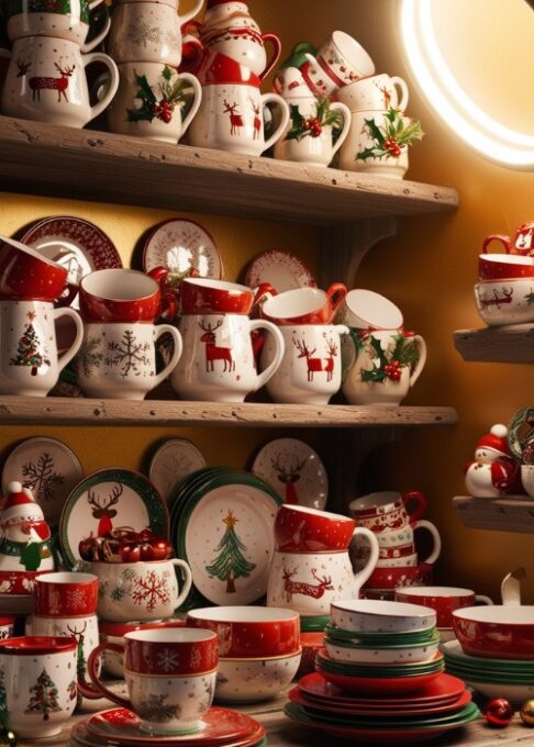 A rustic kitchen shelf featuring holiday-themed mugs, plates, and bowls with festive designs.