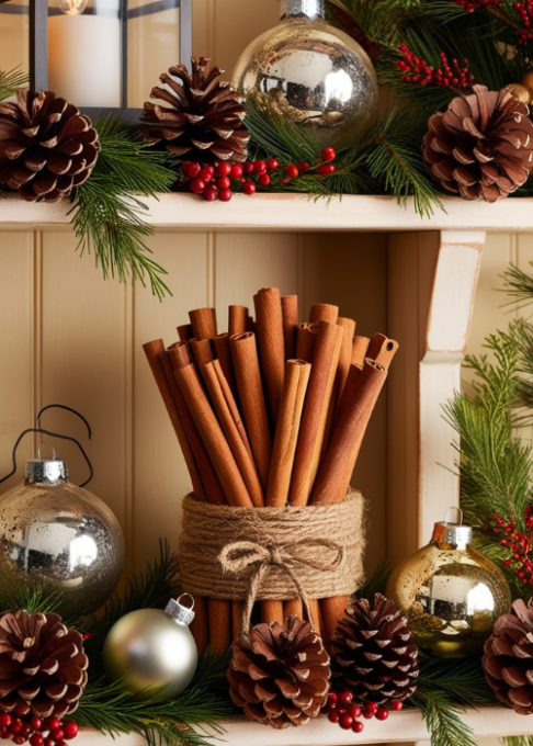 A kitchen shelf with cinnamon stick bundles tied with twine, surrounded by pinecones and holiday décor.