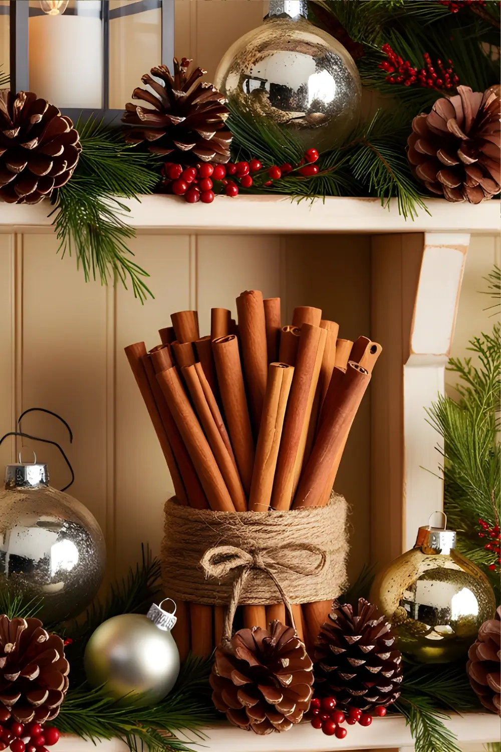 Christmas Cottage Kitchen Décor Ideas: 21 Best Ways to Create a Cozy and Festive Space 20 A kitchen shelf with cinnamon stick bundles tied with twine, surrounded by pinecones and holiday décor.