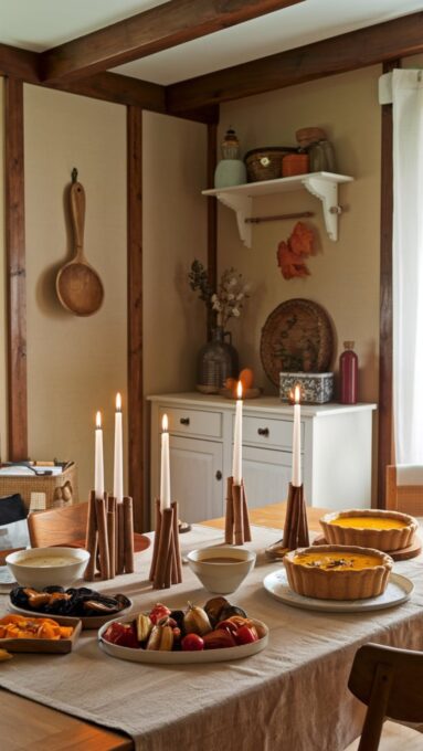 A fall-themed kitchen table with DIY cinnamon stick candle holders, casting a warm glow during a cozy autumn meal.