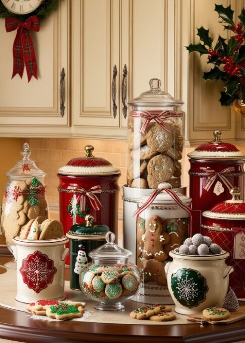 Christmas Cottage Kitchen Decor Ideas, A kitchen counter with holiday-themed cookie jars and canisters filled with Christmas treats.