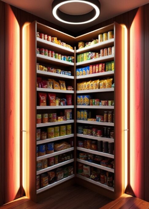 A kitchen with a corner pantry cabinet filled with neatly organized shelves of snacks, canned goods, and dry ingredients.