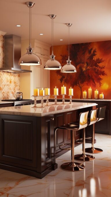 A kitchen with pendant lights hanging over the island, emitting a warm, golden glow, complemented by candles on the countertops for a cozy fall ambiance.