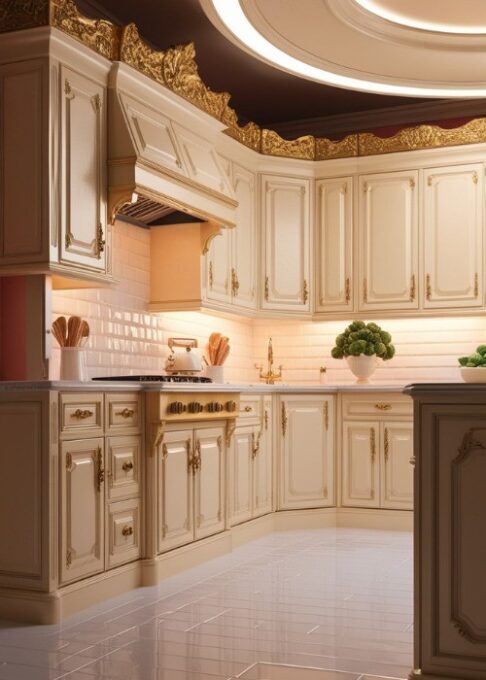 A classic kitchen with cream cabinets, white subway tile backsplash, and white tile floors, creating a warm, welcoming atmosphere.