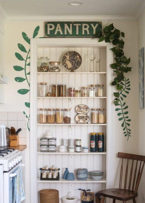 a small kitchen with a white bookshelf turned into a pantry nook. The bookshelf is filled with neatly organized jars, canned goods, and decorative kitchen items. There's a vintage sign above the shelf that says "Pantry". The kitchen has a green wall decal of a leafy plant. There's a wooden chair near the pantry nook. The floor is covered with a patterned rug. Less
