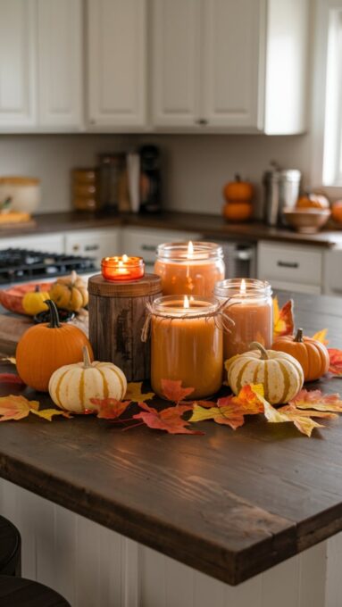 DIY Fall Kitchen Ideas, A kitchen island with several DIY pumpkin spice candles in rustic mason jars, surrounded by small pumpkins and fall leaves.