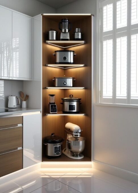 A modern kitchen with a diagonal corner cabinet, housing large kitchen appliances like blenders and slow cookers in a clean, organized manner.