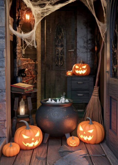 An entryway decorated with a cauldron, glowing pumpkins, and a spellbook on a side table for a magical Hocus Pocus Halloween greeting.