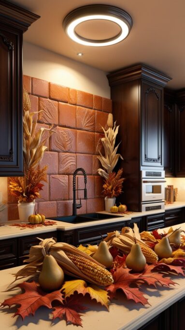 A modern kitchen with a fall-inspired backsplash made from warm terracotta tiles, complementing dark wood cabinets and seasonal décor on the countertops.