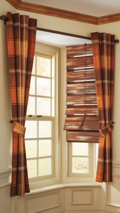 A kitchen window with plaid fall-themed curtains in shades of orange, brown, and yellow, paired with rustic wooden blinds for a cozy seasonal look.