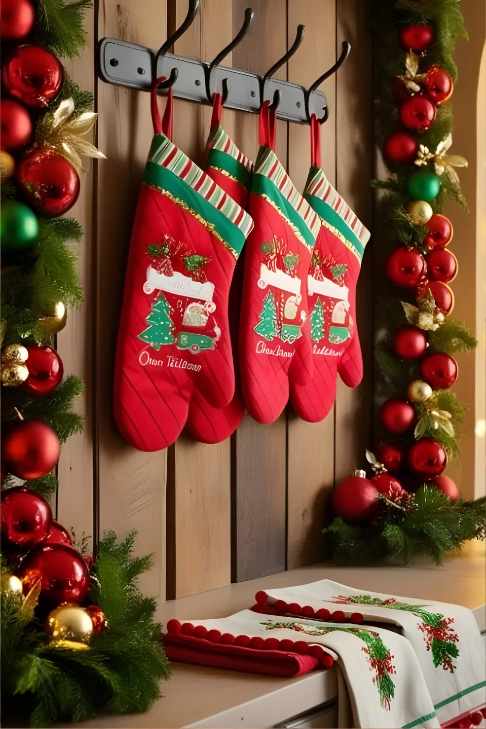 Christmas Cottage Kitchen Décor Ideas: 21 Best Ways to Create a Cozy and Festive Space 14 A kitchen with holiday-themed oven mitts hanging on a hook next to festive dish towels and garlands.