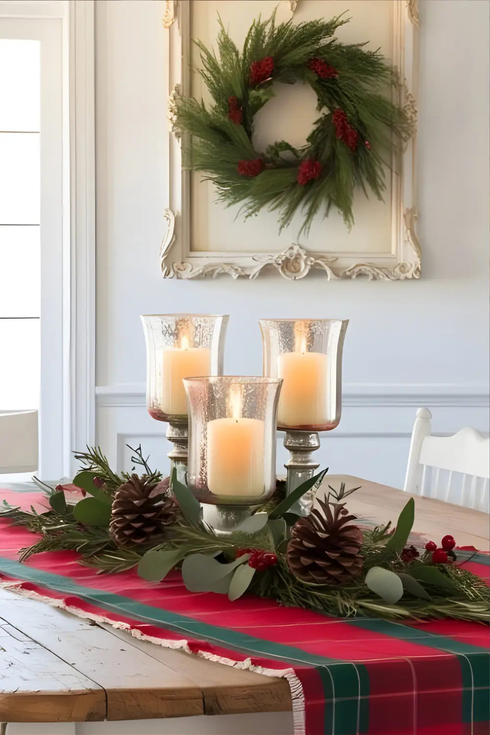 Christmas Cottage Kitchen Décor Ideas: 21 Best Ways to Create a Cozy and Festive Space 9 A rustic kitchen table featuring a red and green plaid table runner, with candles and holiday greenery as a centerpiece.