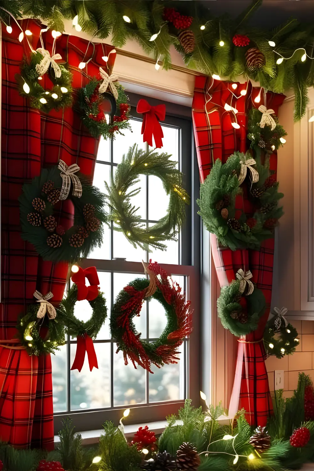 Christmas Cottage Kitchen Décor Ideas: 21 Best Ways to Create a Cozy and Festive Space 4 A kitchen island featuring a rustic centerpiece made of pinecones, red berries, and white candles on a wooden tray.