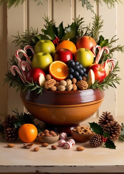 A rustic kitchen counter with a bowl filled with seasonal fruits, nuts, and candy canes, surrounded by holiday greenery.