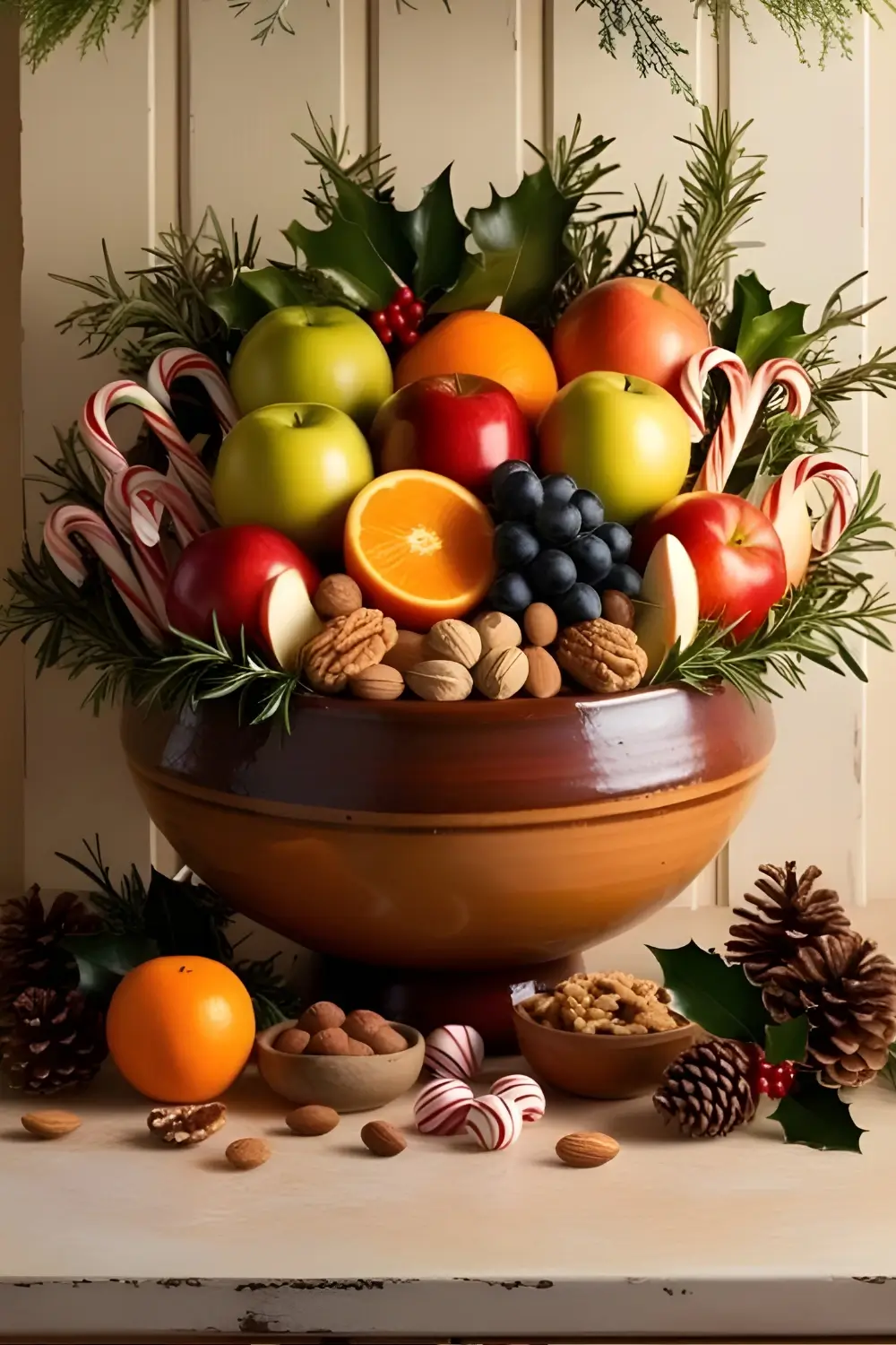 Christmas Cottage Kitchen Décor Ideas: 21 Best Ways to Create a Cozy and Festive Space 19 A rustic kitchen counter with a bowl filled with seasonal fruits, nuts, and candy canes, surrounded by holiday greenery.