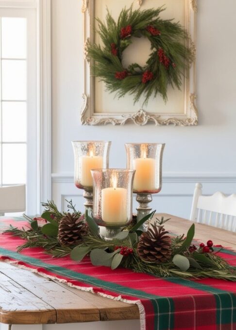 A rustic kitchen table featuring a red and green plaid table runner, with candles and holiday greenery as a centerpiece.