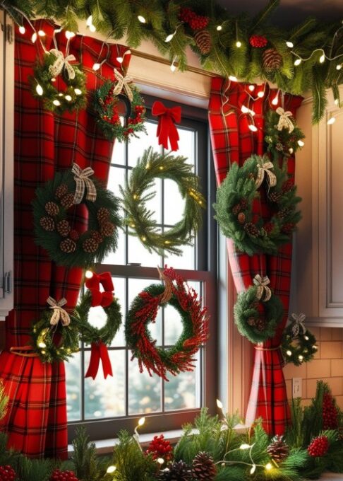 A kitchen window adorned with mini wreaths, plaid curtains, and twinkling lights.